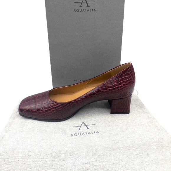 Aquatalia Shoes - New Aquatalia Waterproof Elaine Red Croc Embossed Square Toe Heels  7 Dust Bag